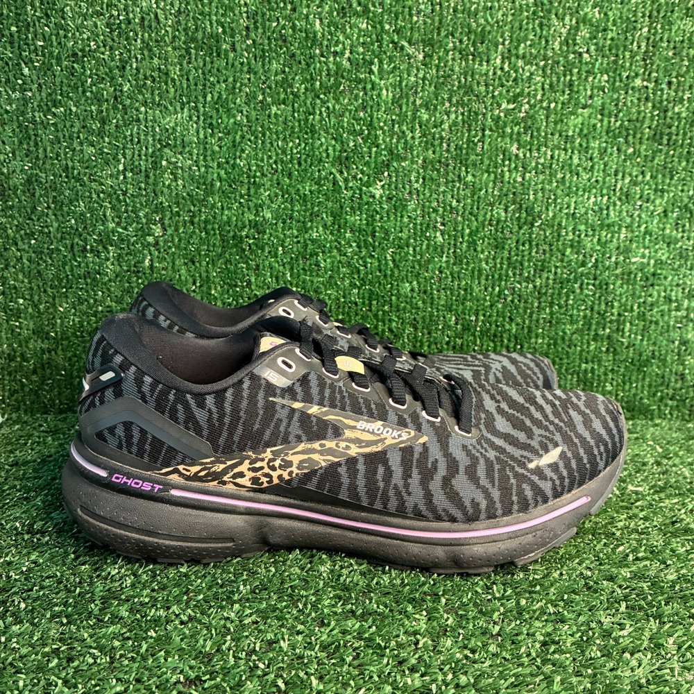 Brooks Ghost 15 Run Wild Animal Print Cheetah Running Shoes Black Womens Sz 8.5